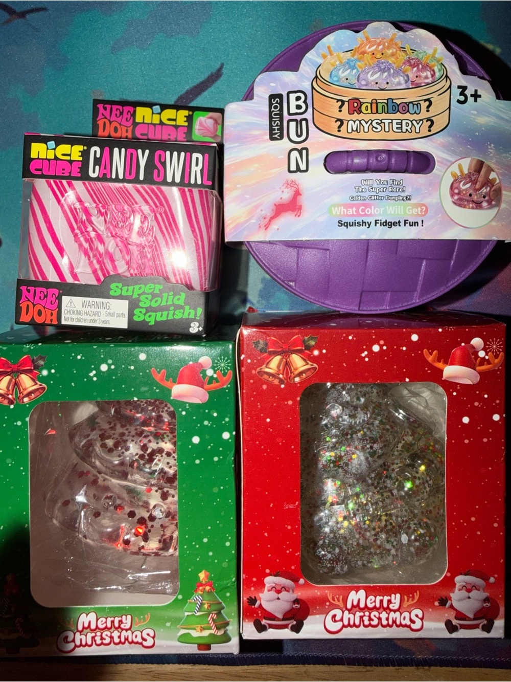 Needoh Candy Swirl, Christmas Tree, Santa Squishy and Reindeer Dumpling